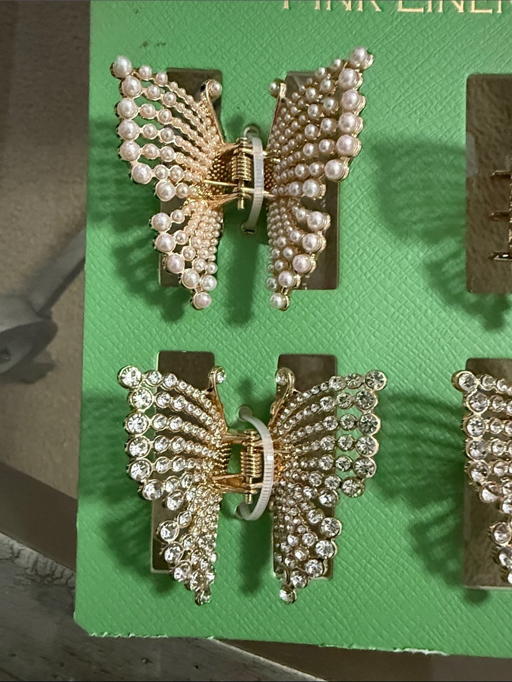 Pink Linen Gold Butterfly Pearl Hair Clips - Set of 4 - Picture 3 of 4